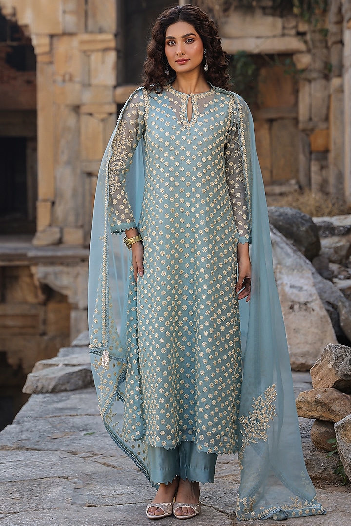 Light Blue Organza & Silk Tencel Pearl Embroidered Kurta Set by Niti Bothra at Pernia's Pop Up Shop