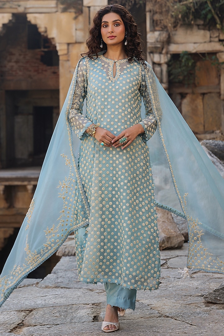 Light Blue Organza & Silk Tencel Pearl Embroidered Kurta Set by Niti Bothra at Pernia's Pop Up Shop