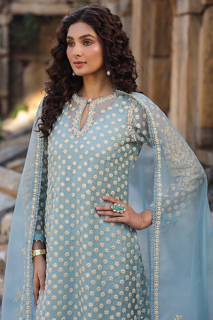 Light Blue Organza & Silk Tencel Pearl Embroidered Kurta Set by Niti Bothra at Pernia's Pop Up Shop