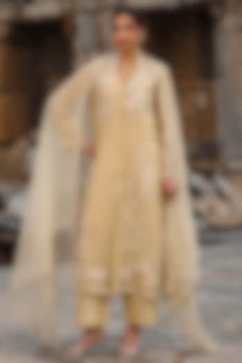 Beige Organza Pearl Embroidered Kurta Set by Niti Bothra at Pernia's Pop Up Shop