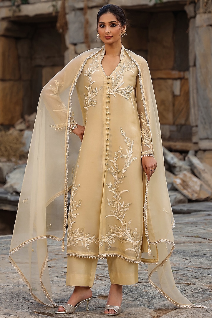Beige Organza Pearl Embroidered Kurta Set by Niti Bothra at Pernia's Pop Up Shop