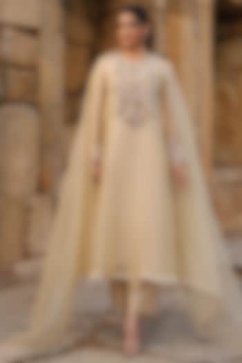 Beige Organza Pearl Embroidered Kurta Set by Niti Bothra at Pernia's Pop Up Shop