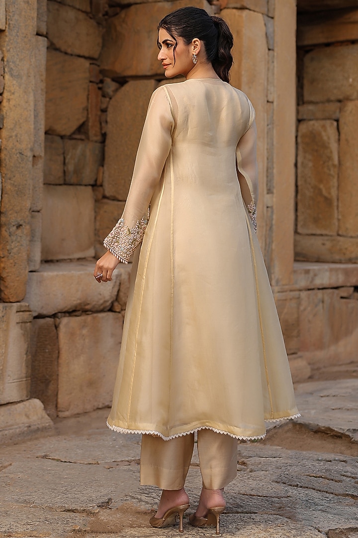 Beige Organza Pearl Embroidered Kurta Set by Niti Bothra at Pernia's Pop Up Shop