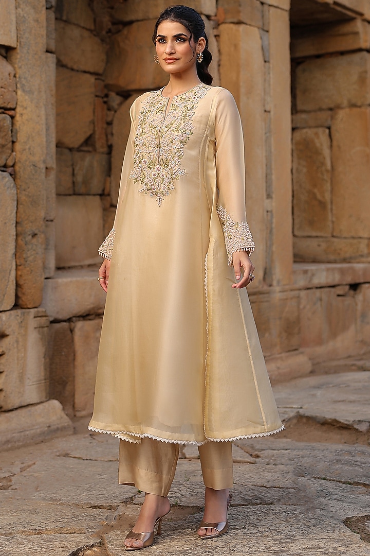 Beige Organza Pearl Embroidered Kurta Set by Niti Bothra at Pernia's Pop Up Shop