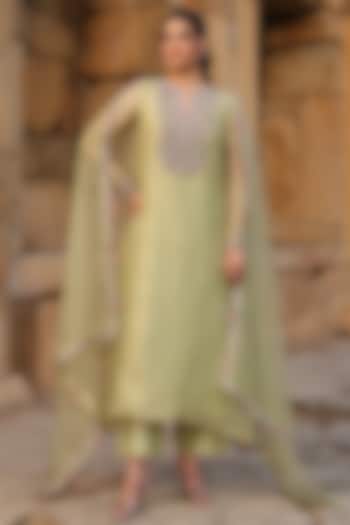 Green Silk Tencel Zardosi Embroidered Kurta Set by Niti Bothra at Pernia's Pop Up Shop