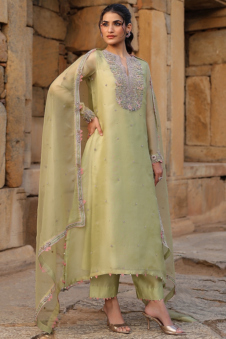 Green Silk Tencel Zardosi Embroidered Kurta Set by Niti Bothra at Pernia's Pop Up Shop