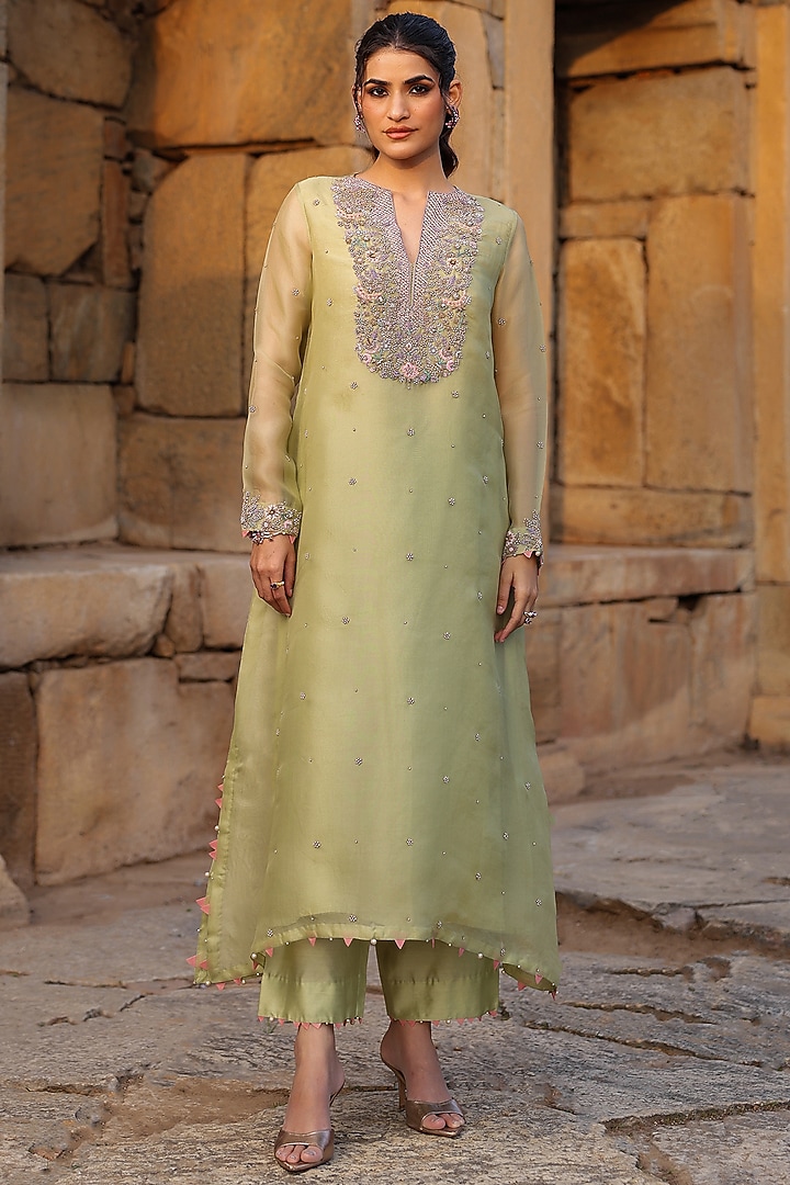 Green Silk Tencel Zardosi Embroidered Kurta Set by Niti Bothra at Pernia's Pop Up Shop