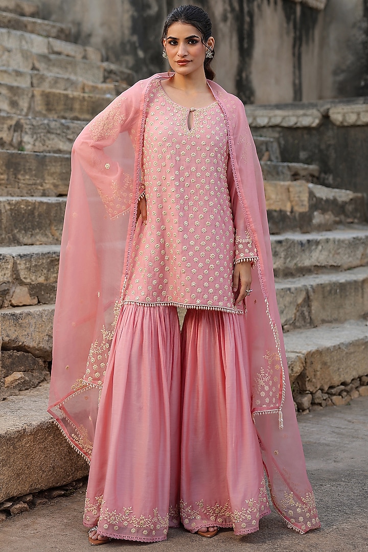 Pink Silk Modal Pearl Embroidered Bridal Sharara Set by Niti Bothra at Pernia's Pop Up Shop