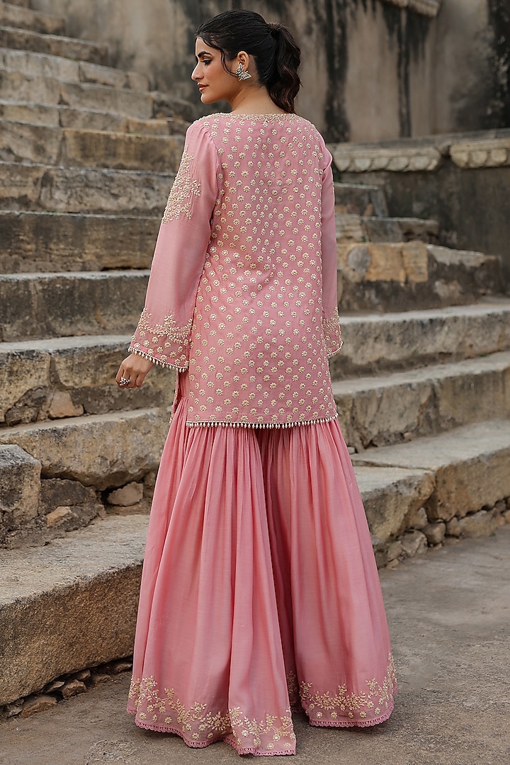 Pink Silk Modal Pearl Embroidered Bridal Sharara Set by Niti Bothra at Pernia's Pop Up Shop