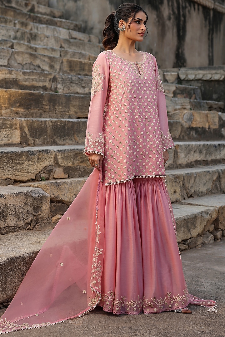 Pink Silk Modal Pearl Embroidered Bridal Sharara Set by Niti Bothra at Pernia's Pop Up Shop