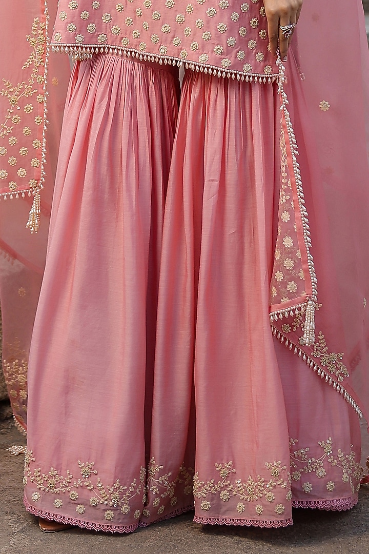 Pink Silk Modal Pearl Embroidered Bridal Sharara Set by Niti Bothra at Pernia's Pop Up Shop