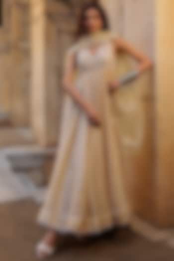 Ivory Silk Modal Applique Embroidered Kalidar Wedding Anarkali Set by Niti Bothra at Pernia's Pop Up Shop