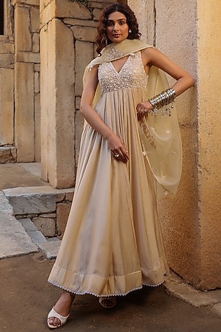 Ivory Silk Modal Applique Embroidered Kalidar Anarkali Set by Niti Bothra