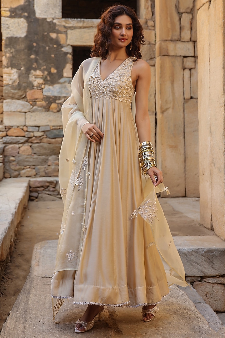 Ivory Silk Modal Applique Embroidered Kalidar Wedding Anarkali Set by Niti Bothra at Pernia's Pop Up Shop