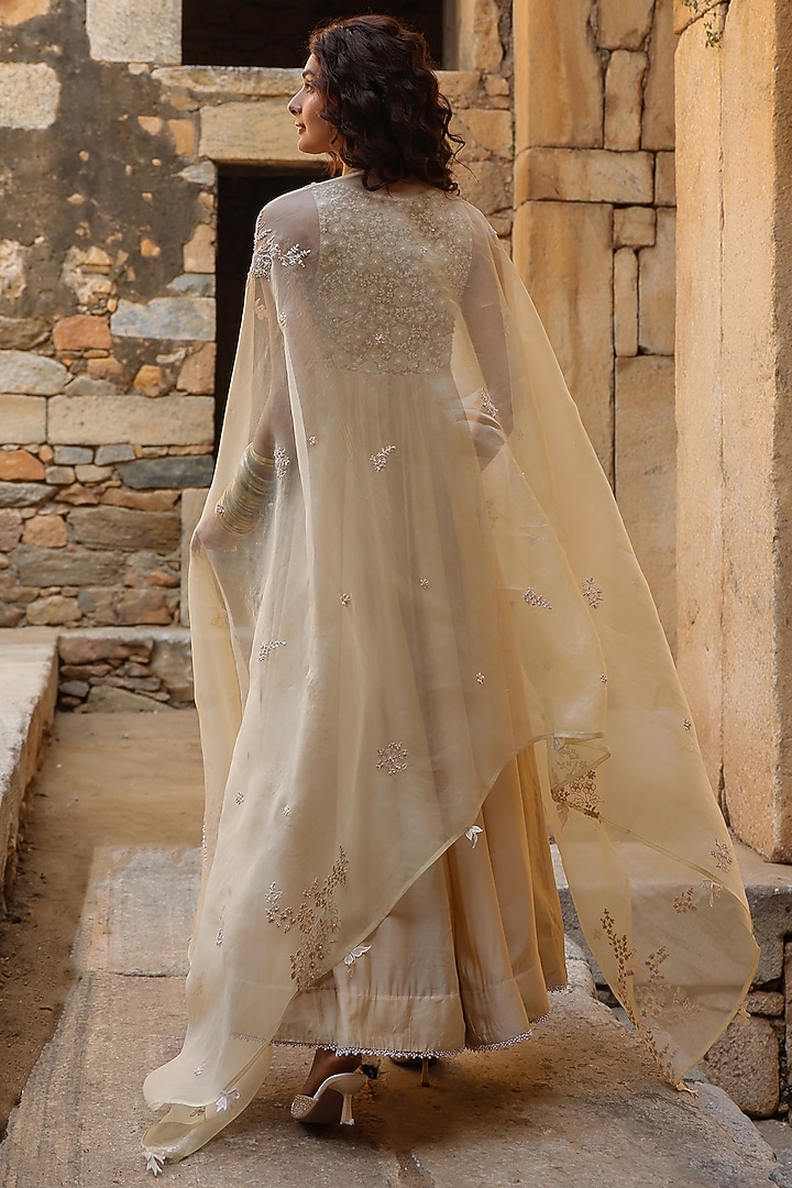 Ivory Silk Modal Applique Embroidered Kalidar Wedding Anarkali Set by Niti Bothra at Pernia's Pop Up Shop