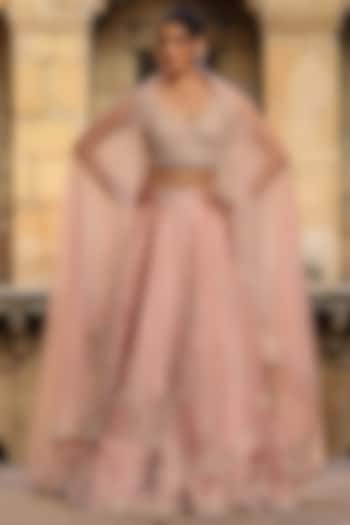Light Pink Organza Applique & Pearl Embroidered Bridal Lehenga Set by Niti Bothra at Pernia's Pop Up Shop