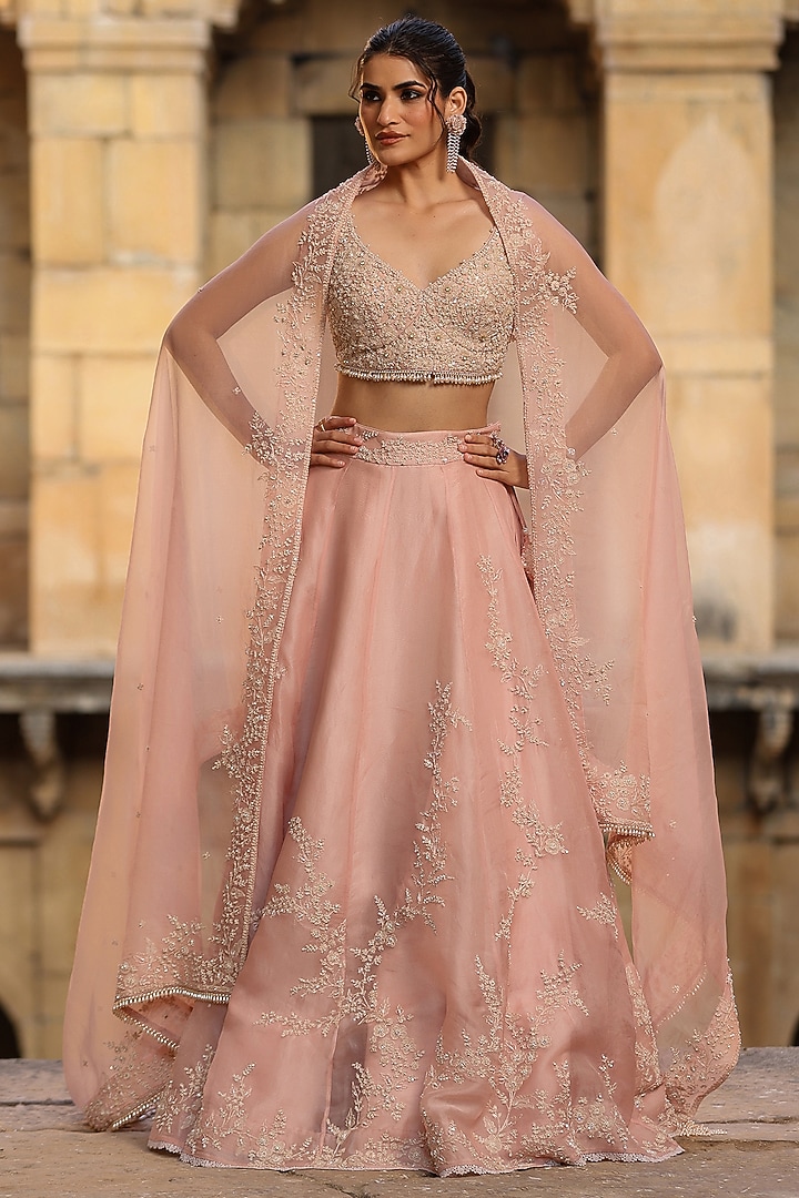 Light Pink Organza Applique & Pearl Embroidered Bridal Lehenga Set by Niti Bothra at Pernia's Pop Up Shop