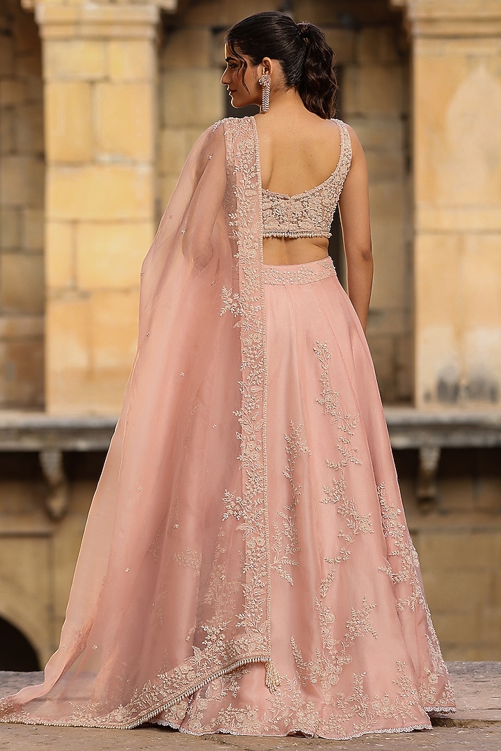 Light Pink Organza Applique & Pearl Embroidered Bridal Lehenga Set by Niti Bothra at Pernia's Pop Up Shop