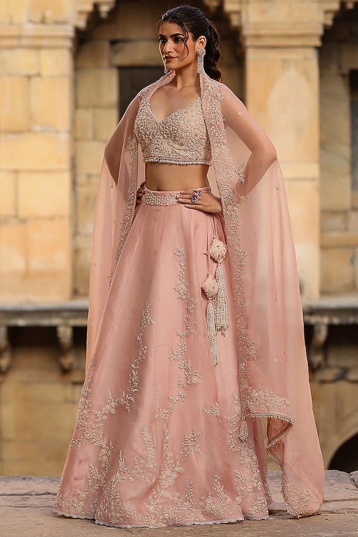 Light Pink Organza Applique & Pearl Embroidered Bridal Lehenga Set by Niti Bothra at Pernia's Pop Up Shop
