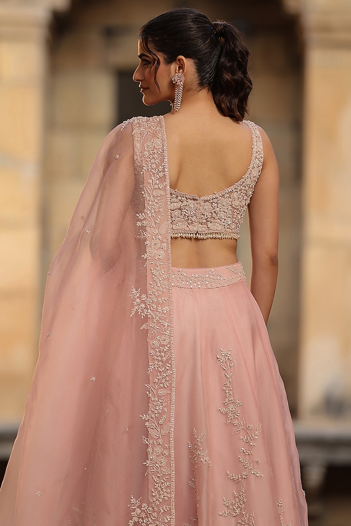 Light Pink Organza Applique & Pearl Embroidered Bridal Lehenga Set by Niti Bothra at Pernia's Pop Up Shop