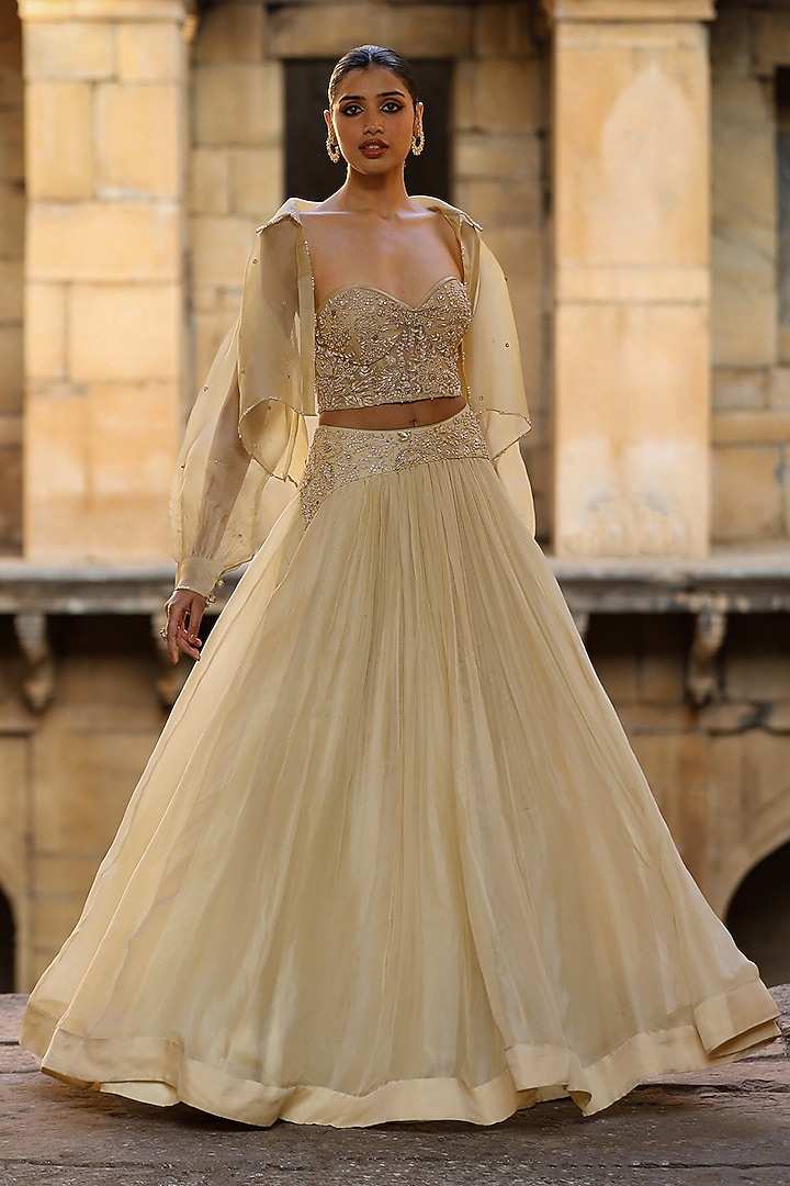 Beige Organza Jacket Wedding Lehenga Set by Niti Bothra at Pernia's Pop Up Shop