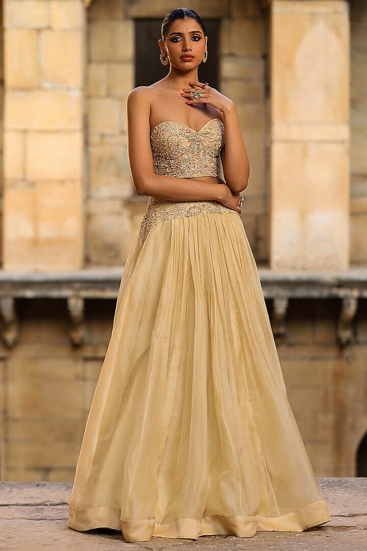 Beige Organza Jacket Wedding Lehenga Set by Niti Bothra at Pernia's Pop Up Shop