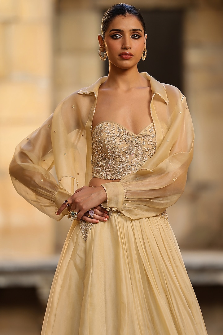 Beige Organza Jacket Wedding Lehenga Set by Niti Bothra at Pernia's Pop Up Shop