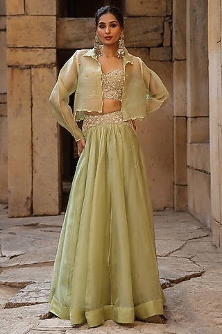 Green Organza Jacket Lehenga Set by Niti Bothra