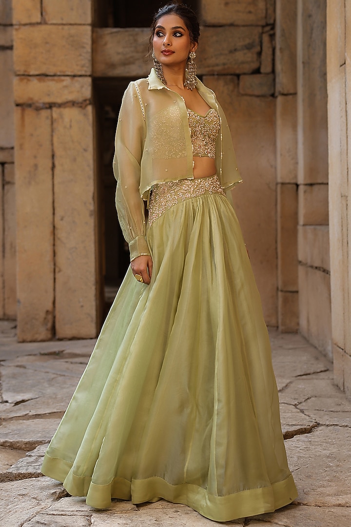 Green Organza Jacket Wedding Lehenga Set by Niti Bothra at Pernia's Pop Up Shop