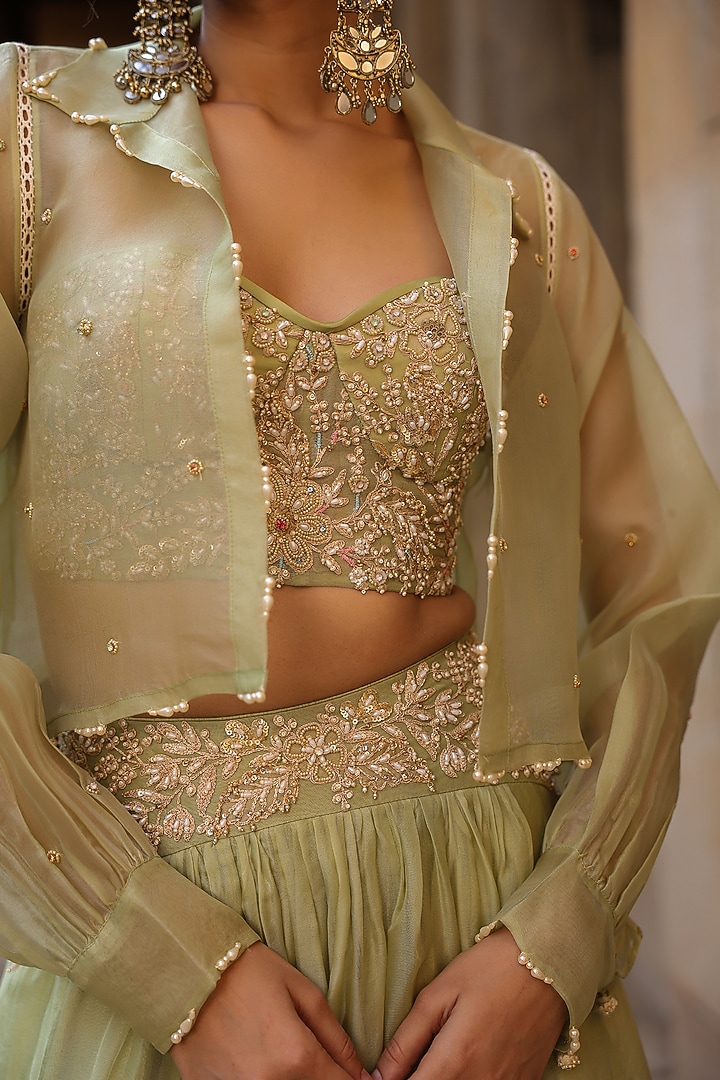 Green Organza Jacket Wedding Lehenga Set by Niti Bothra at Pernia's Pop Up Shop