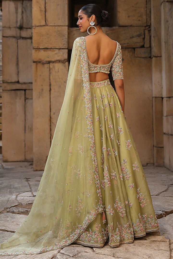 Green Organza Zardosi & Resham Embroidered Bridal Lehenga Set by Niti Bothra at Pernia's Pop Up Shop