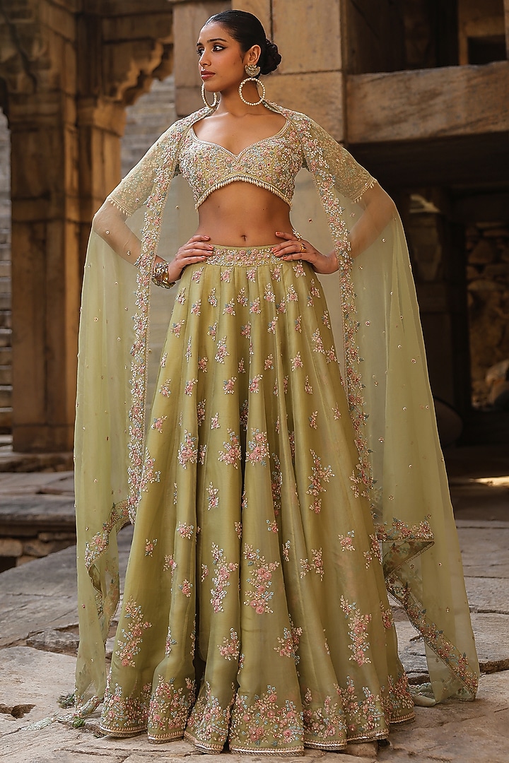 Green Organza Zardosi & Resham Embroidered Bridal Lehenga Set by Niti Bothra at Pernia's Pop Up Shop