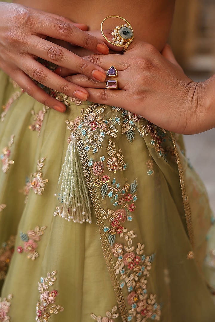 Green Organza Zardosi & Resham Embroidered Bridal Lehenga Set by Niti Bothra at Pernia's Pop Up Shop