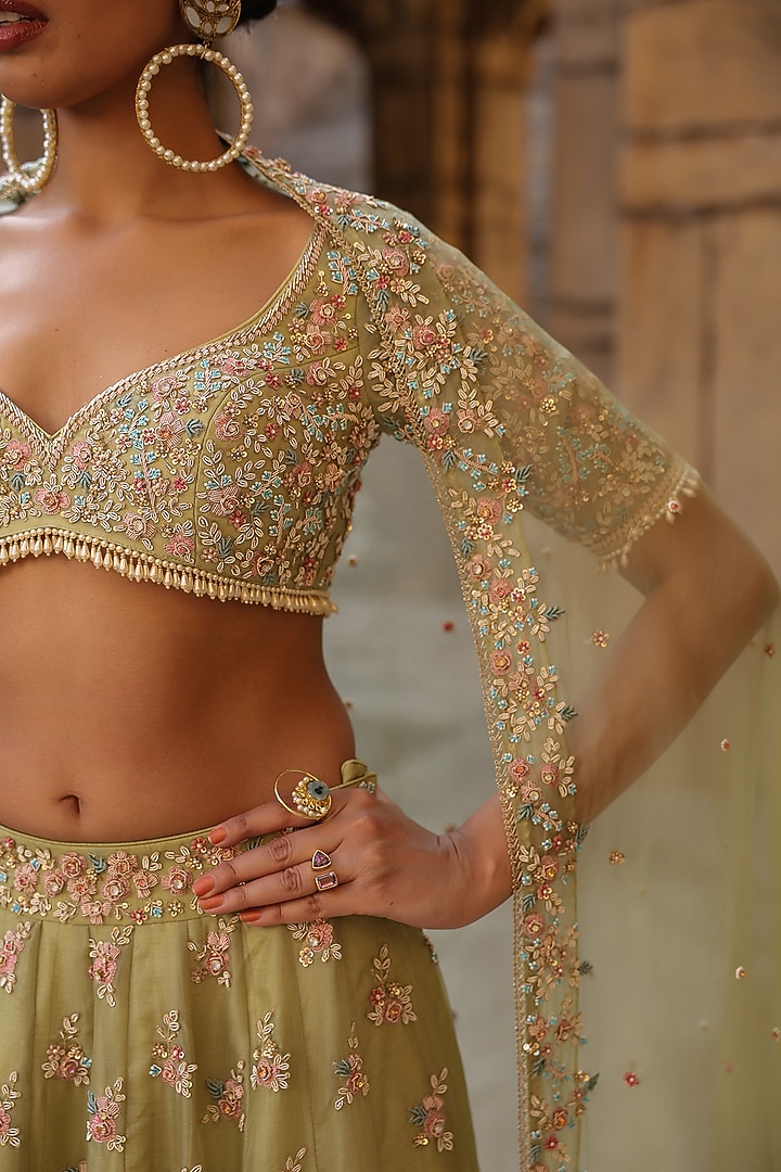 Green Organza Zardosi & Resham Embroidered Bridal Lehenga Set by Niti Bothra at Pernia's Pop Up Shop