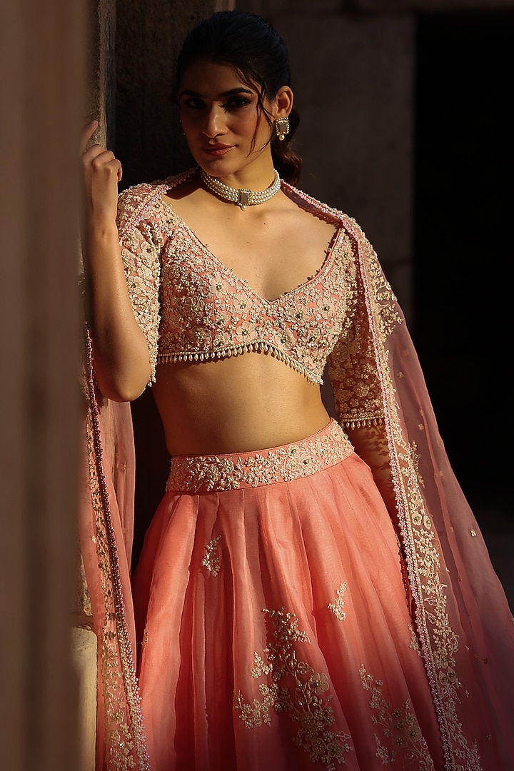Pink Organza Zardosi & Resham Embroidered Bridal Lehenga Set by Niti Bothra at Pernia's Pop Up Shop