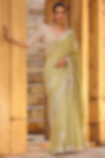 Green Silk Modal Pearl Embroidered Wedding Saree Set by Niti Bothra at Pernia's Pop Up Shop