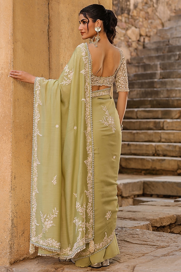 Green Silk Modal Pearl Embroidered Wedding Saree Set by Niti Bothra at Pernia's Pop Up Shop