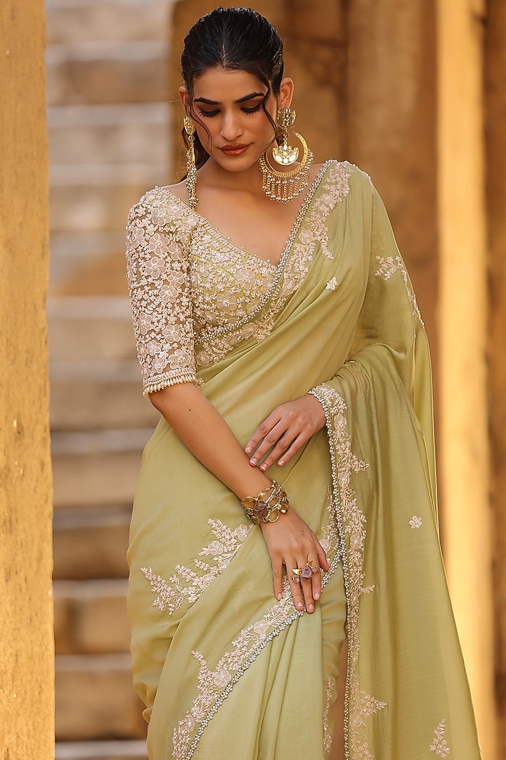 Green Silk Modal Pearl Embroidered Wedding Saree Set by Niti Bothra at Pernia's Pop Up Shop