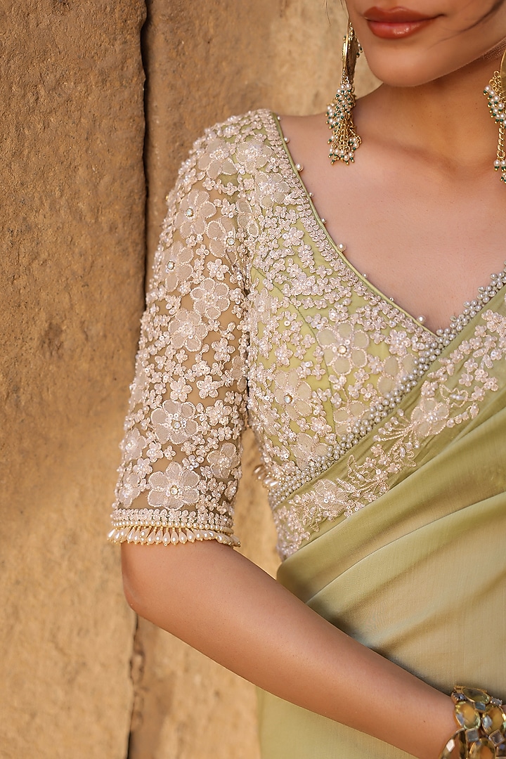 Green Silk Modal Pearl Embroidered Wedding Saree Set by Niti Bothra at Pernia's Pop Up Shop