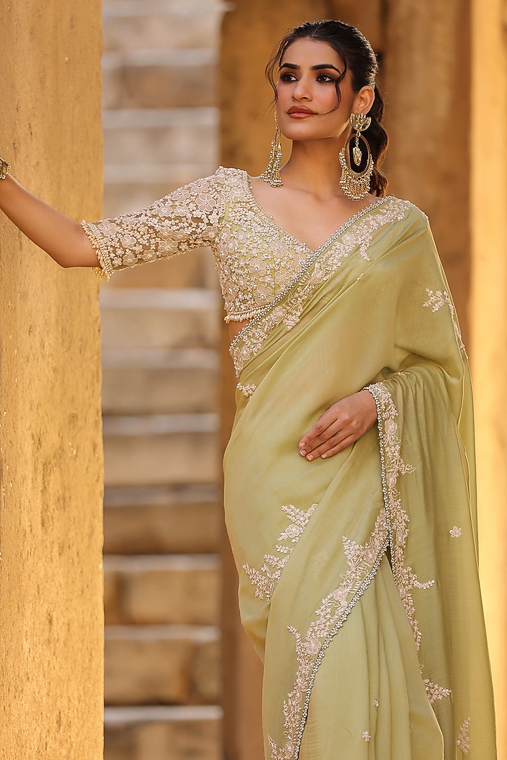 Green Silk Modal Pearl Embroidered Wedding Saree Set by Niti Bothra at Pernia's Pop Up Shop