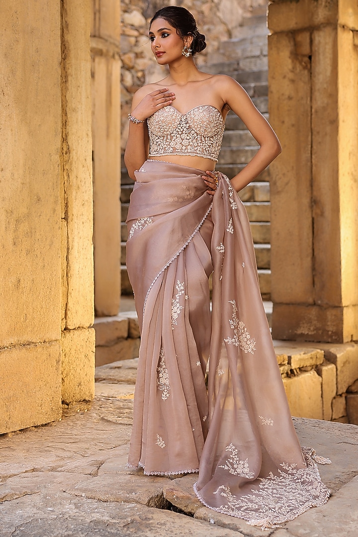 Taupe Organza Applique Embroidered Wedding Saree Set by Niti Bothra at Pernia's Pop Up Shop