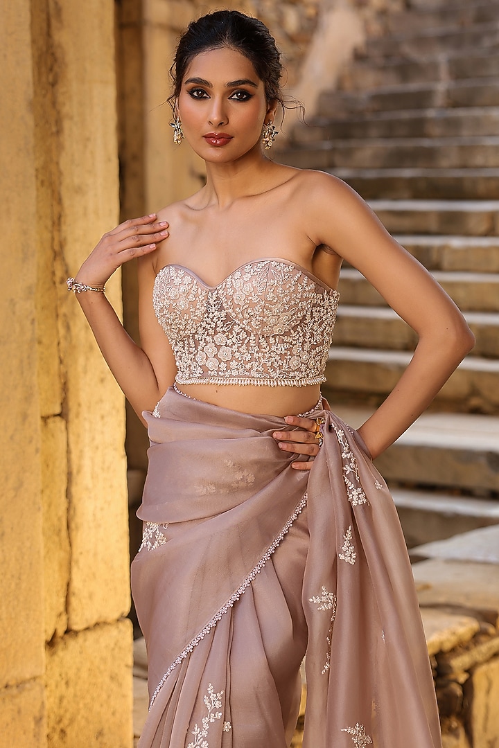 Taupe Organza Applique Embroidered Wedding Saree Set by Niti Bothra at Pernia's Pop Up Shop