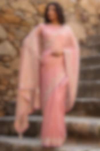 Pink Organza Aari Embroidered Reception Saree Set by Niti Bothra at Pernia's Pop Up Shop