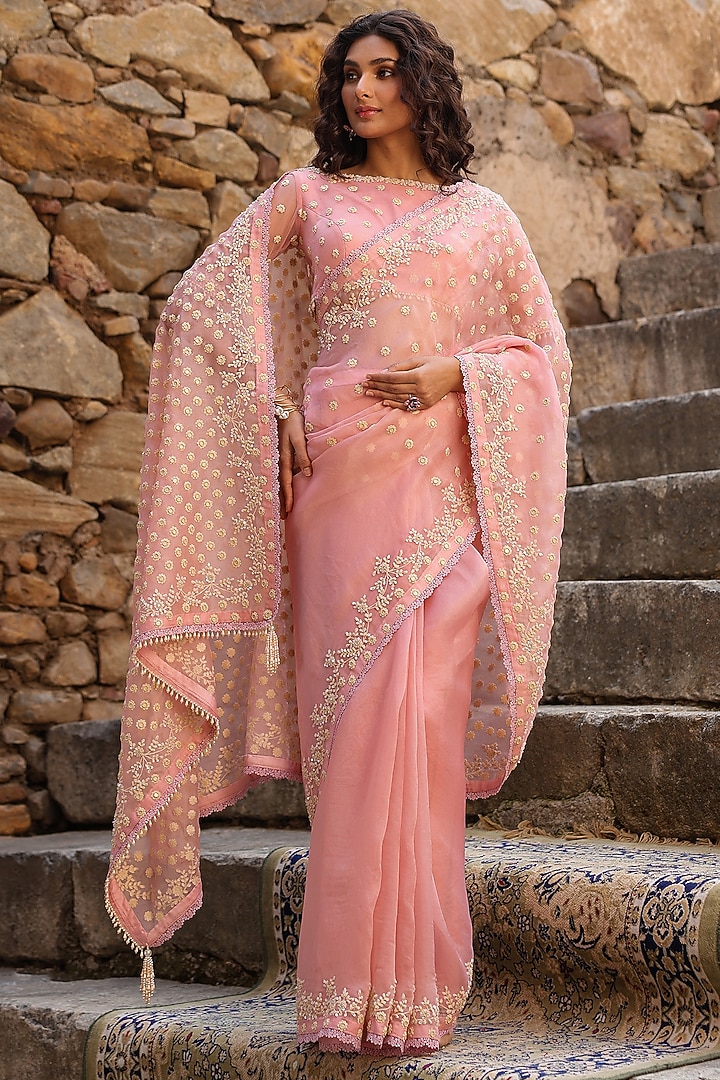 Pink Organza Aari Embroidered Reception Saree Set by Niti Bothra at Pernia's Pop Up Shop
