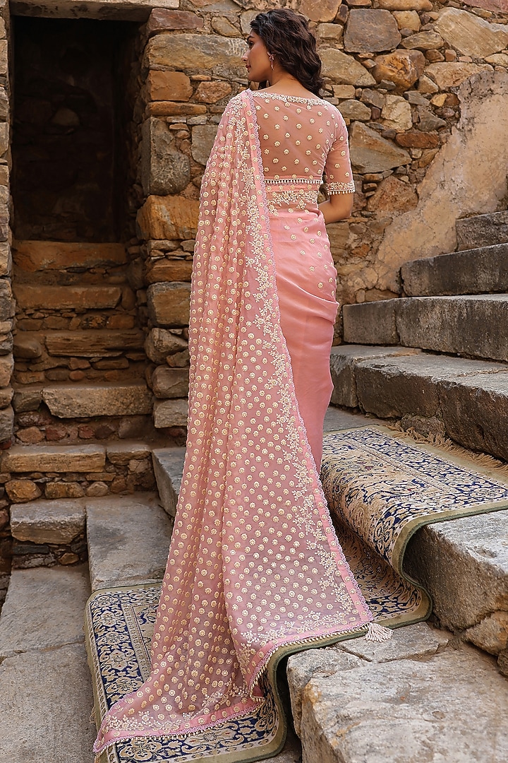 Pink Organza Aari Embroidered Reception Saree Set by Niti Bothra at Pernia's Pop Up Shop