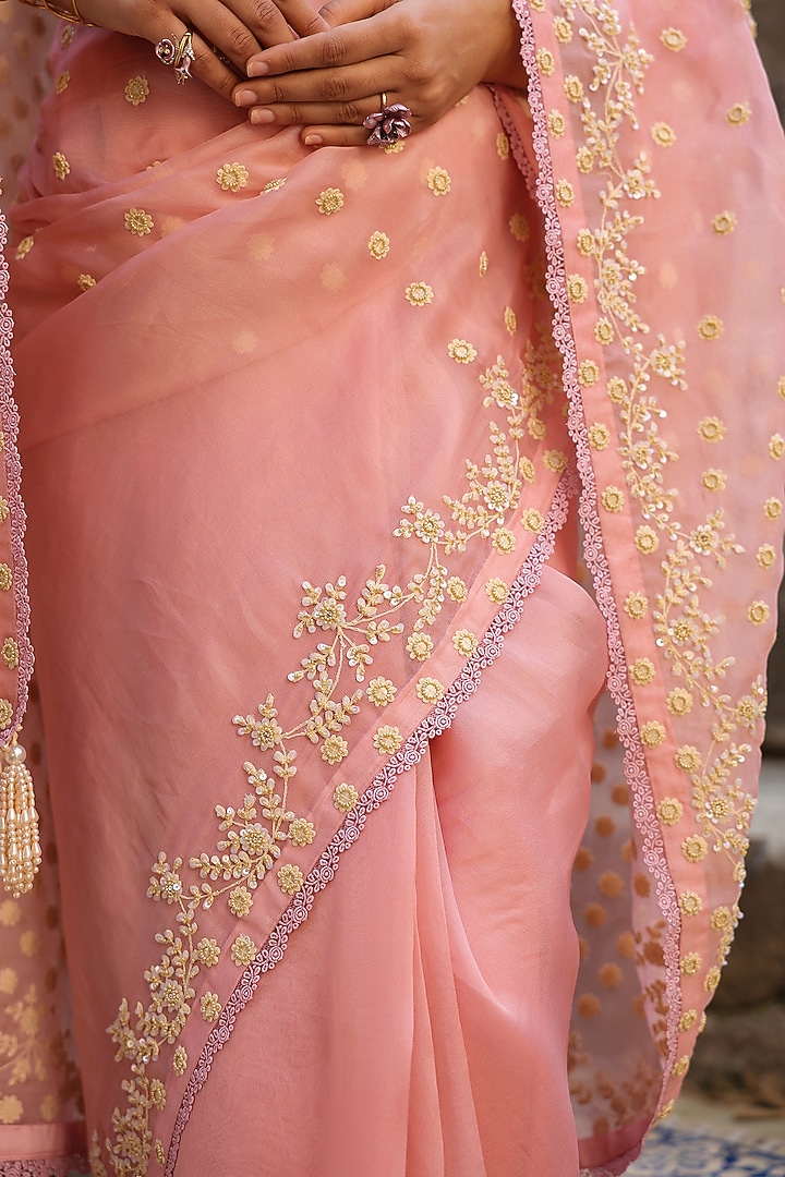 Pink Organza Aari Embroidered Reception Saree Set by Niti Bothra at Pernia's Pop Up Shop
