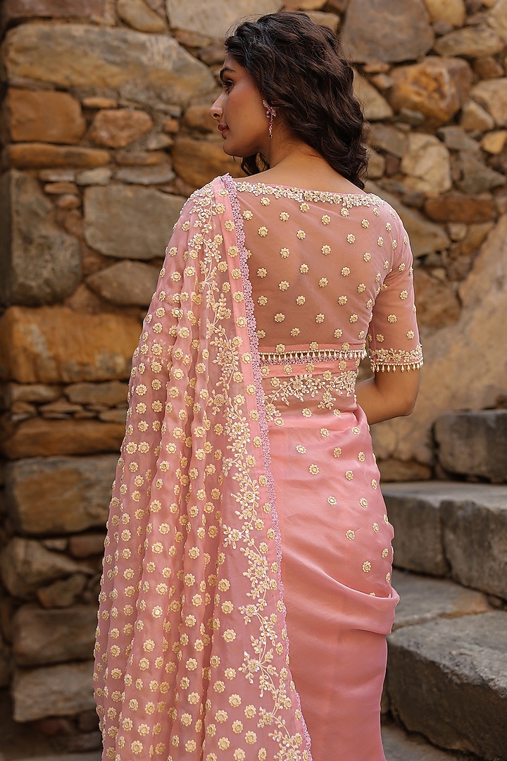Pink Organza Aari Embroidered Reception Saree Set by Niti Bothra at Pernia's Pop Up Shop