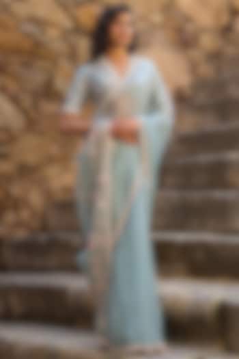 Light Blue Organza Zardosi & Resham Embroidered Reception Saree Set by Niti Bothra at Pernia's Pop Up Shop