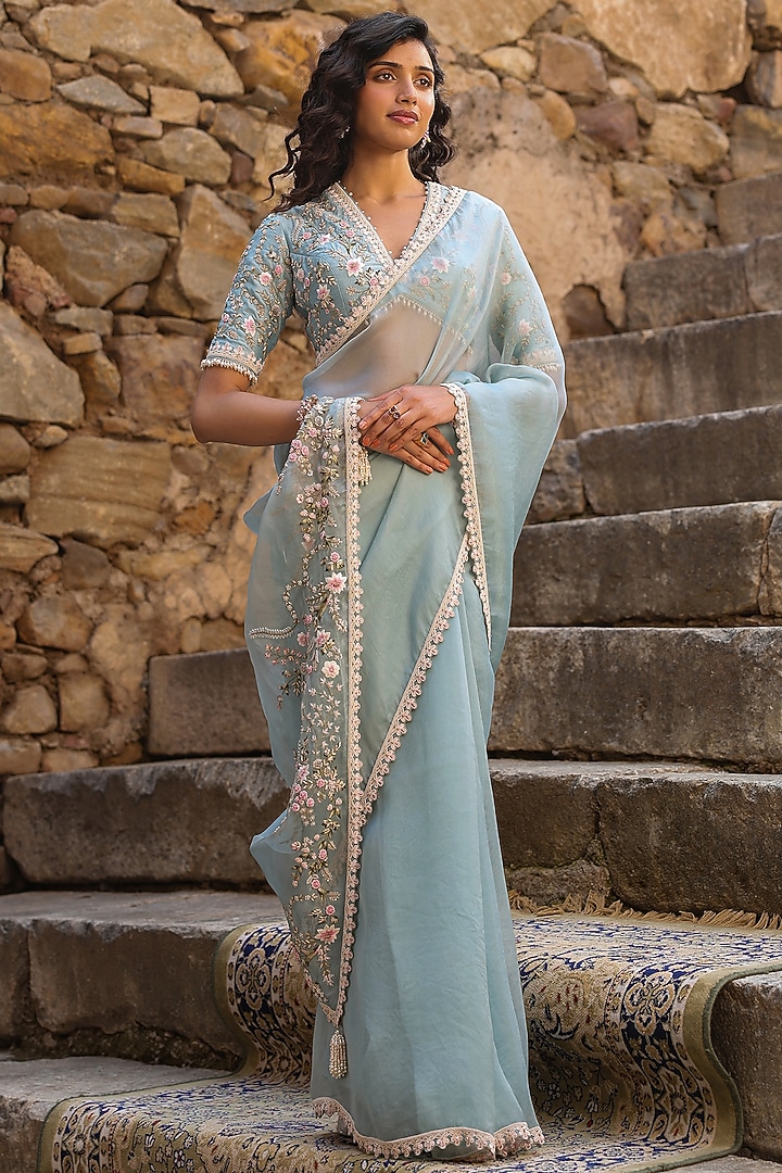 Light Blue Organza Zardosi & Resham Embroidered Reception Saree Set by Niti Bothra at Pernia's Pop Up Shop