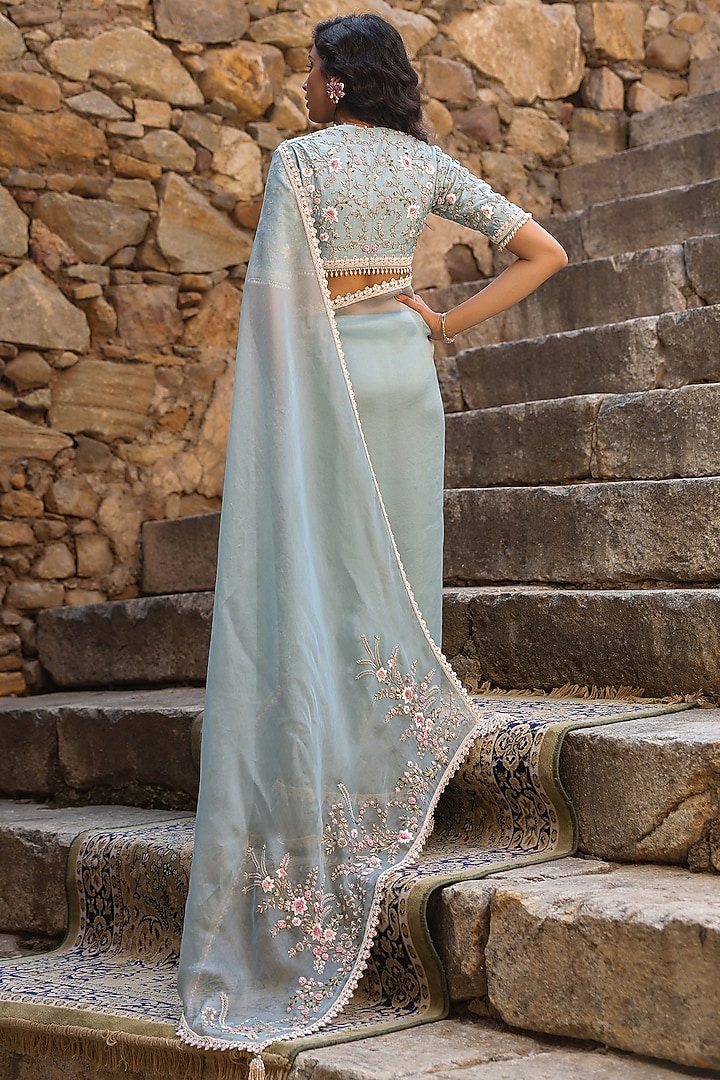 Light Blue Organza Zardosi & Resham Embroidered Reception Saree Set by Niti Bothra at Pernia's Pop Up Shop